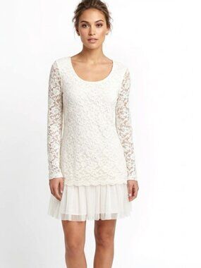 A'reve Long Sleeve Cream Lace Tule Dress Size L